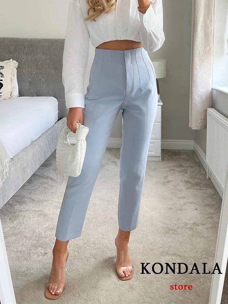 KONDALA Women Light Blue Chic Fashion Office Wear Straight Pants Vintage High Waist Zipper Fly Female Trousers Fashion 2025 Pant - StepByStepNow