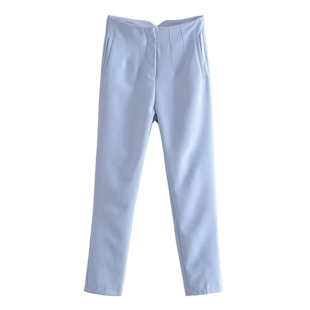 KONDALA Women Light Blue Chic Fashion Office Wear Straight Pants Vintage High Waist Zipper Fly Female Trousers Fashion 2025 Pant - StepByStepNow