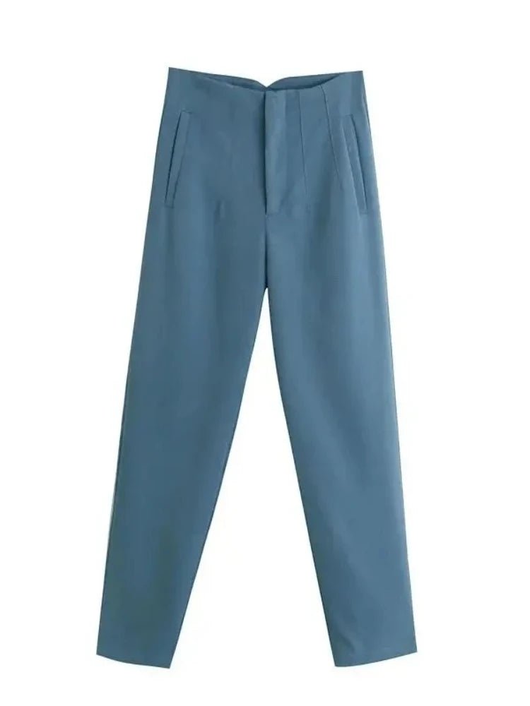 KONDALA Women Light Blue Chic Fashion Office Wear Straight Pants Vintage High Waist Zipper Fly Female Trousers Fashion 2025 Pant - StepByStepNow
