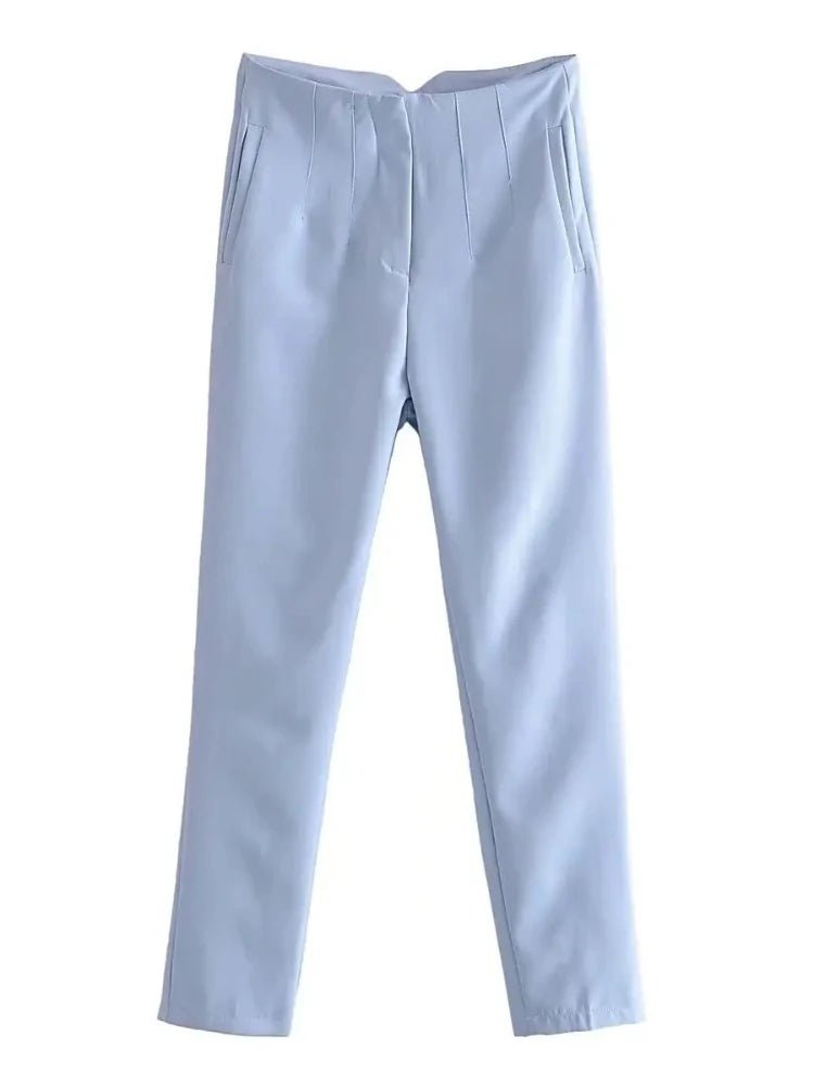 KONDALA Women Light Blue Chic Fashion Office Wear Straight Pants Vintage High Waist Zipper Fly Female Trousers Fashion 2025 Pant - StepByStepNow
