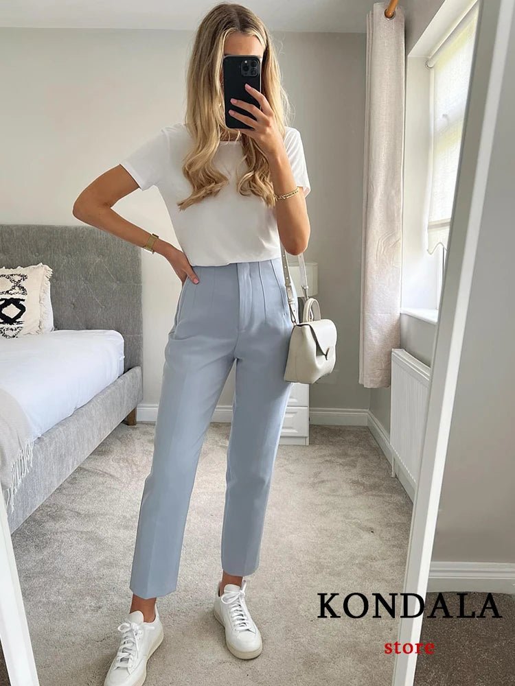 KONDALA Women Light Blue Chic Fashion Office Wear Straight Pants Vintage High Waist Zipper Fly Female Trousers Fashion 2025 Pant - StepByStepNow