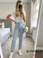 KONDALA Women Light Blue Chic Fashion Office Wear Straight Pants Vintage High Waist Zipper Fly Female Trousers Fashion 2025 Pant - StepByStepNow