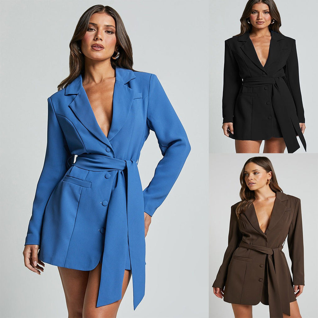 Lace Up Slim Fit Top Long Sleeve Candy Color Mid - length Coat For Women - StepByStepNow