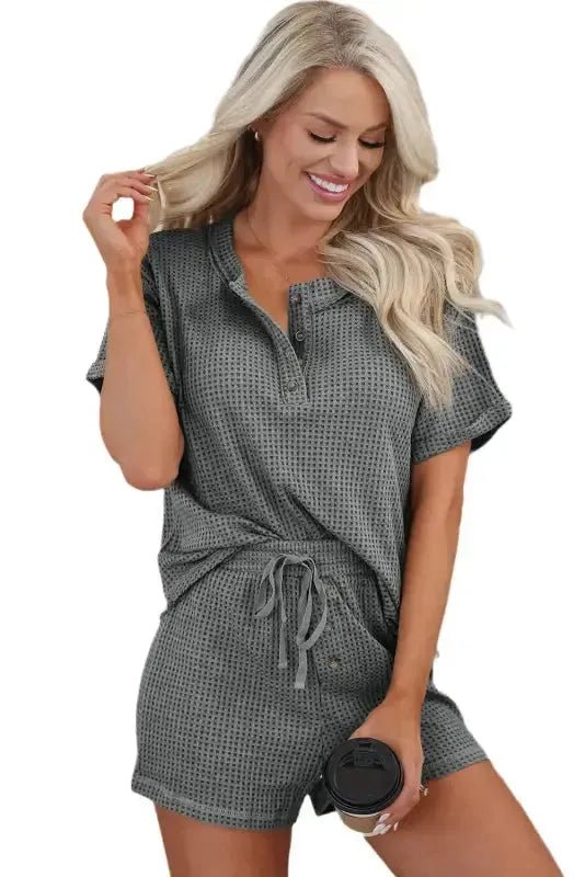 Laurel Green Waffle Knit Buttoned Top and Drawstring Shorts Set - StepByStep