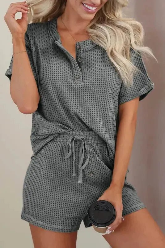 Laurel Green Waffle Knit Buttoned Top and Drawstring Shorts Set - StepByStep