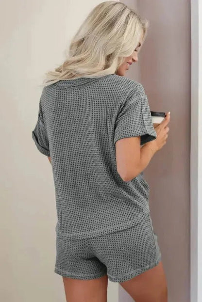 Laurel Green Waffle Knit Buttoned Top and Drawstring Shorts Set - StepByStep