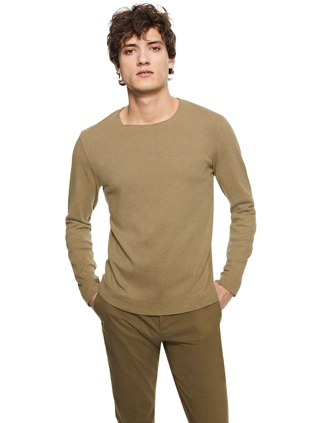 Long Sleeve Ribbed Cotton Crewneck (Ghurka Heather) - StepByStep
