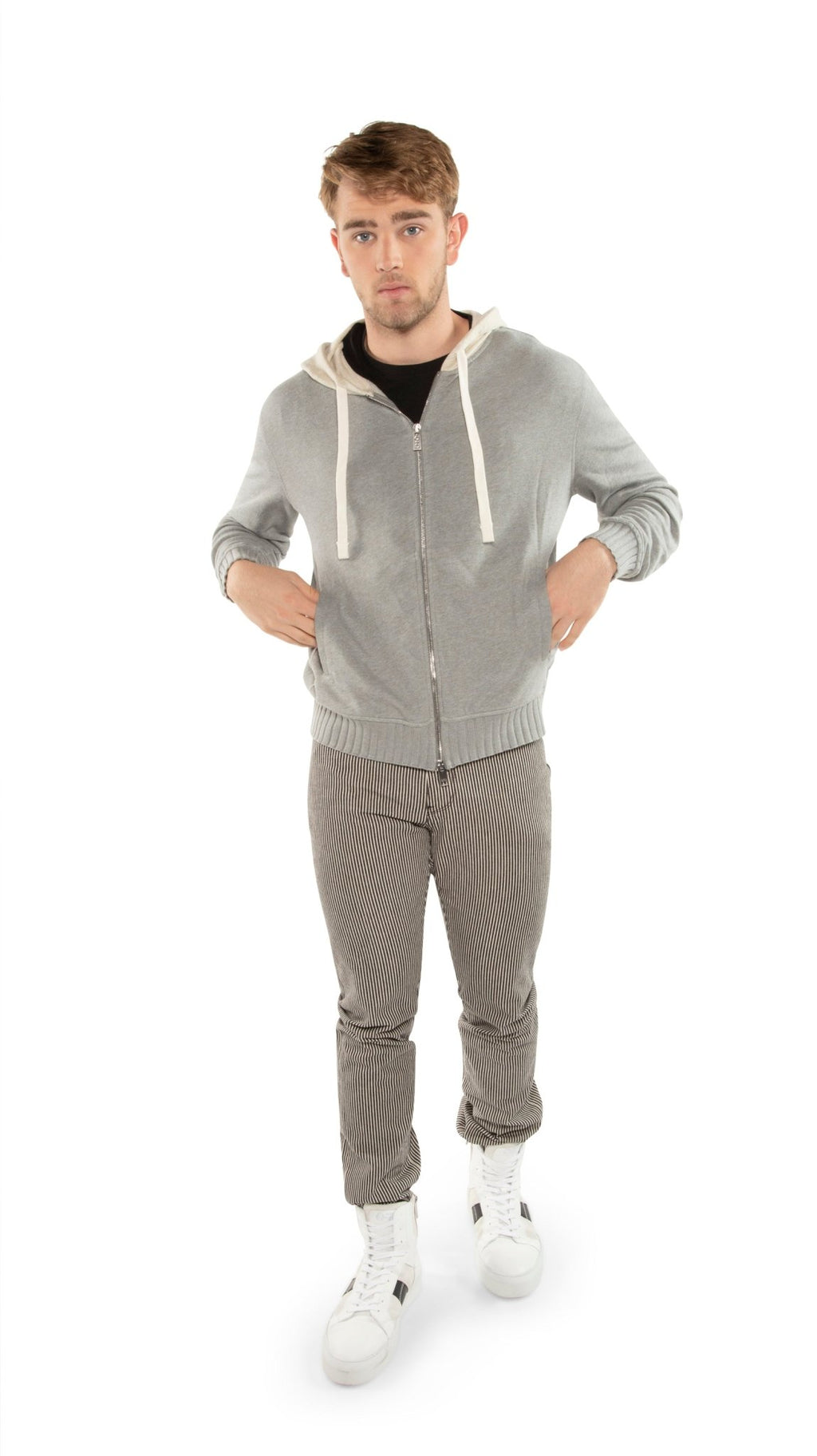 Long Sleeve Zip Front Knit Sweatshirt With Color - Block Hood and Tape Detail - StepByStep