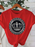 Luxury Crown Medallion Women's Tee - Modern Chic Graphic Casual White Top | StepbyStepNow - StepByStepNow