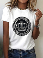 Luxury Crown Medallion Women's Tee - Modern Chic Graphic Casual White Top | StepbyStepNow - StepByStepNow