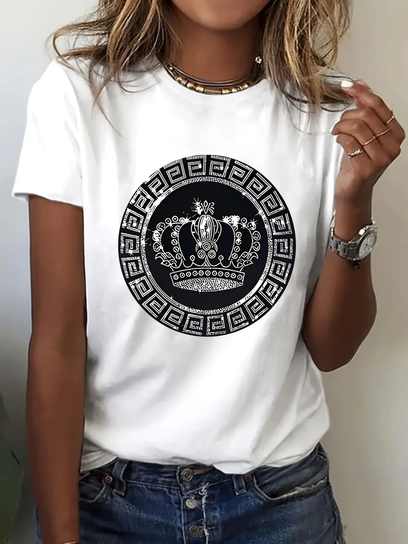 Luxury Crown Medallion Women's Tee - Modern Chic Graphic Casual White Top | StepbyStepNow - StepByStepNow