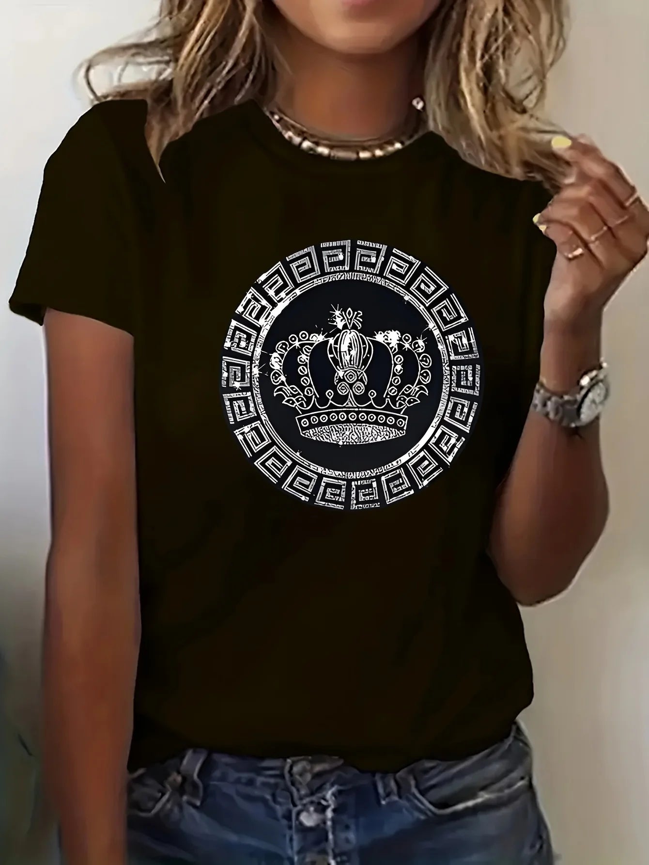 Luxury Crown Medallion Women's Tee - Modern Chic Graphic Casual White Top | StepbyStepNow - StepByStepNow