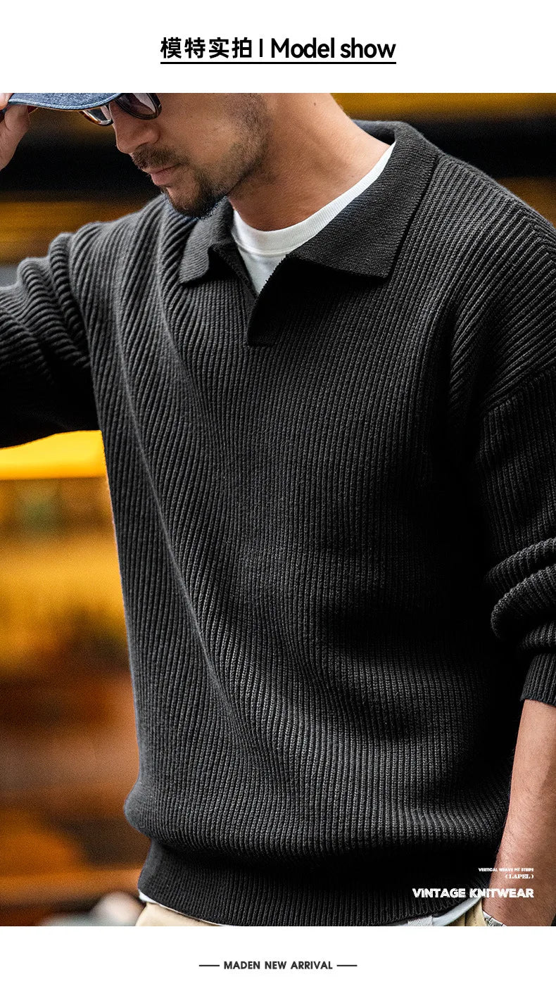 Madden workwear Maglione con risvolto retrò americano polo a righe intrecciate verticali maglione pullover pigro da uomo autunno e inverno - StepByStepNow