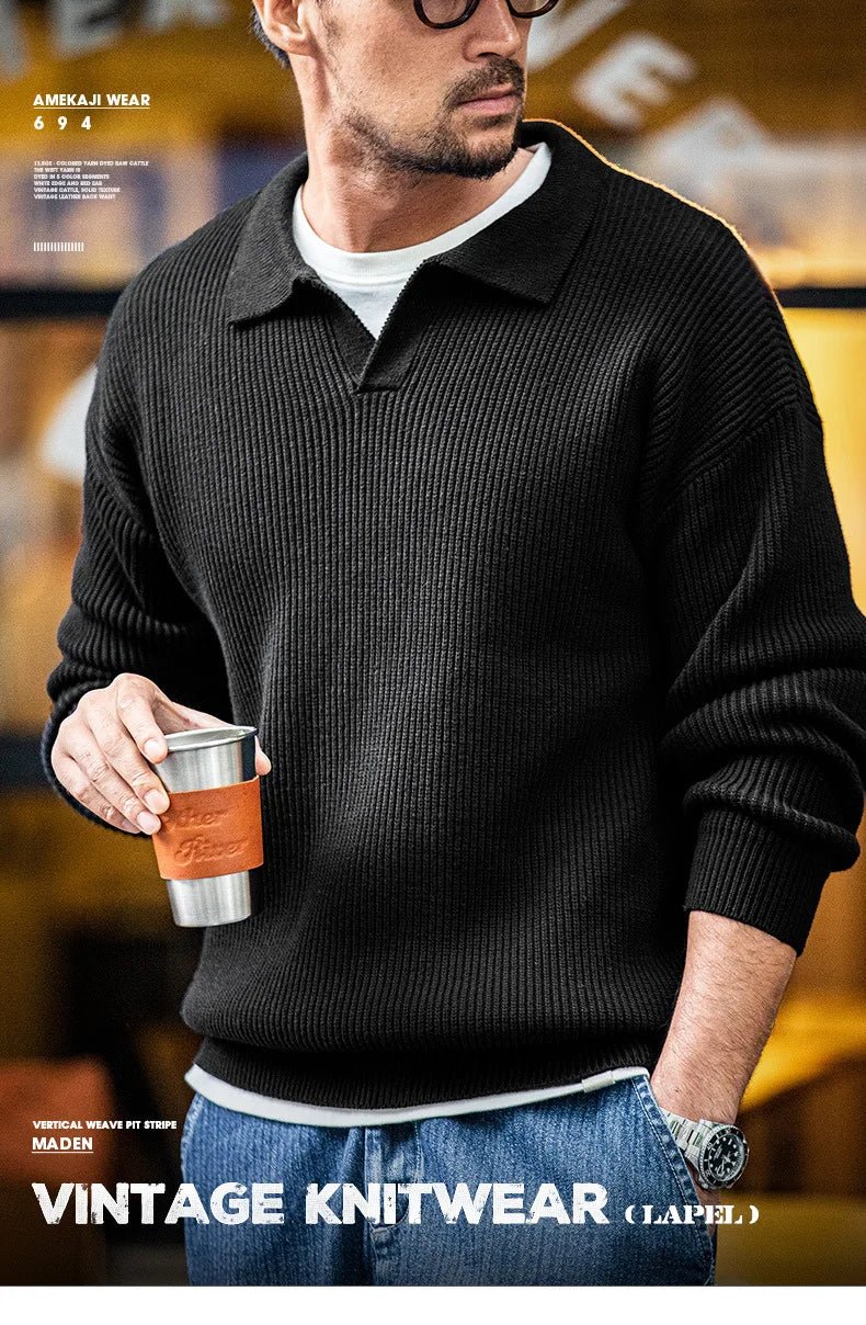 Madden workwear Maglione con risvolto retrò americano polo a righe intrecciate verticali maglione pullover pigro da uomo autunno e inverno - StepByStepNow