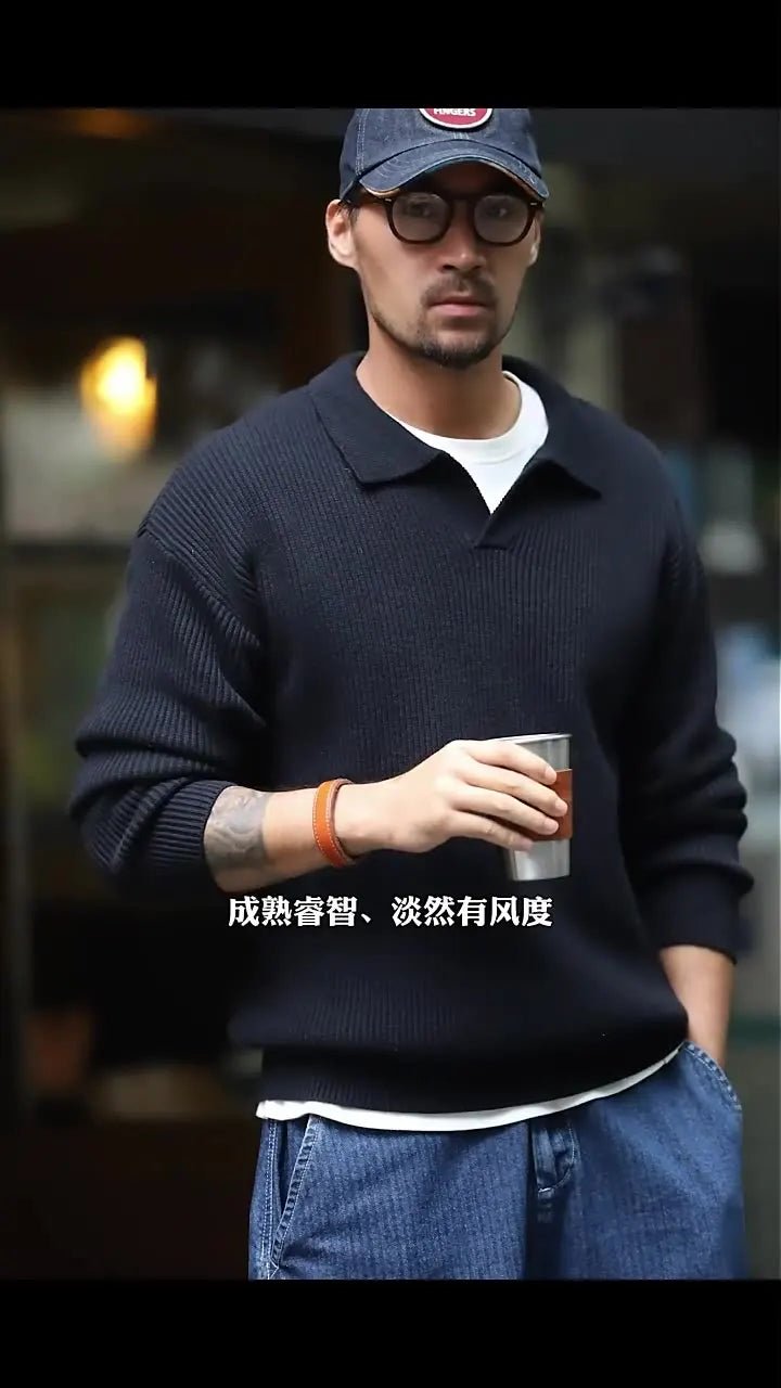 Madden workwear Maglione con risvolto retrò americano polo a righe intrecciate verticali maglione pullover pigro da uomo autunno e inverno - StepByStepNow