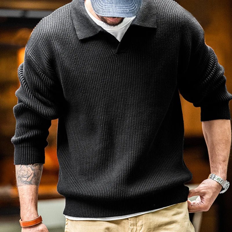 Madden workwear Maglione con risvolto retrò americano polo a righe intrecciate verticali maglione pullover pigro da uomo autunno e inverno - StepByStepNow