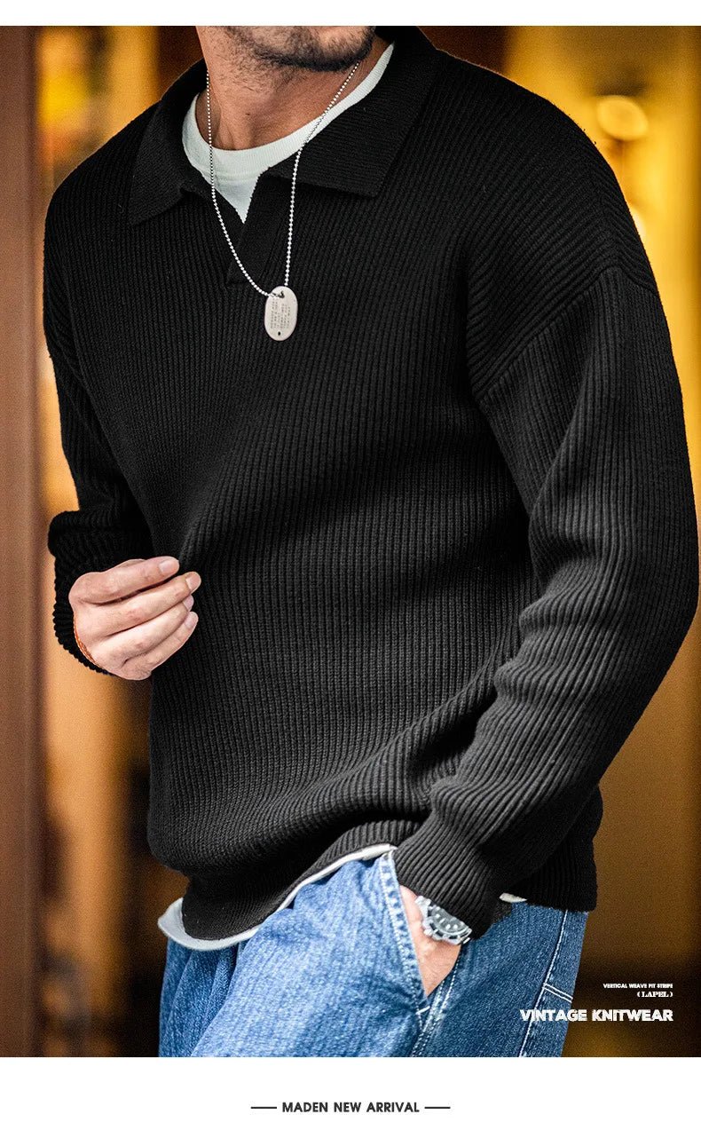 Madden workwear Maglione con risvolto retrò americano polo a righe intrecciate verticali maglione pullover pigro da uomo autunno e inverno - StepByStepNow