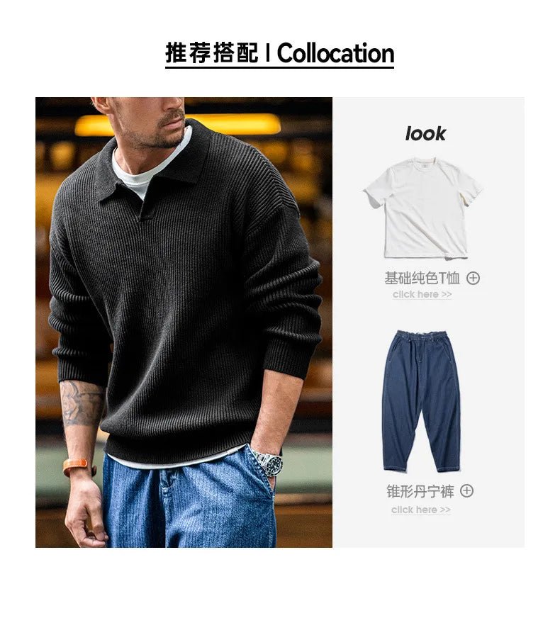 Madden workwear Maglione con risvolto retrò americano polo a righe intrecciate verticali maglione pullover pigro da uomo autunno e inverno - StepByStepNow