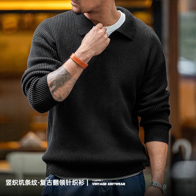 Madden workwear Maglione con risvolto retrò americano polo a righe intrecciate verticali maglione pullover pigro da uomo autunno e inverno - StepByStepNow