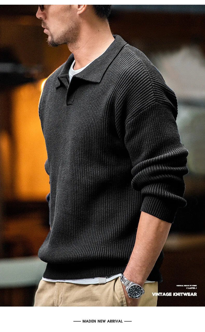 Madden workwear Maglione con risvolto retrò americano polo a righe intrecciate verticali maglione pullover pigro da uomo autunno e inverno - StepByStepNow