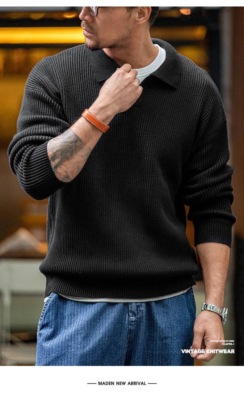 Madden workwear Maglione con risvolto retrò americano polo a righe intrecciate verticali maglione pullover pigro da uomo autunno e inverno - StepByStepNow