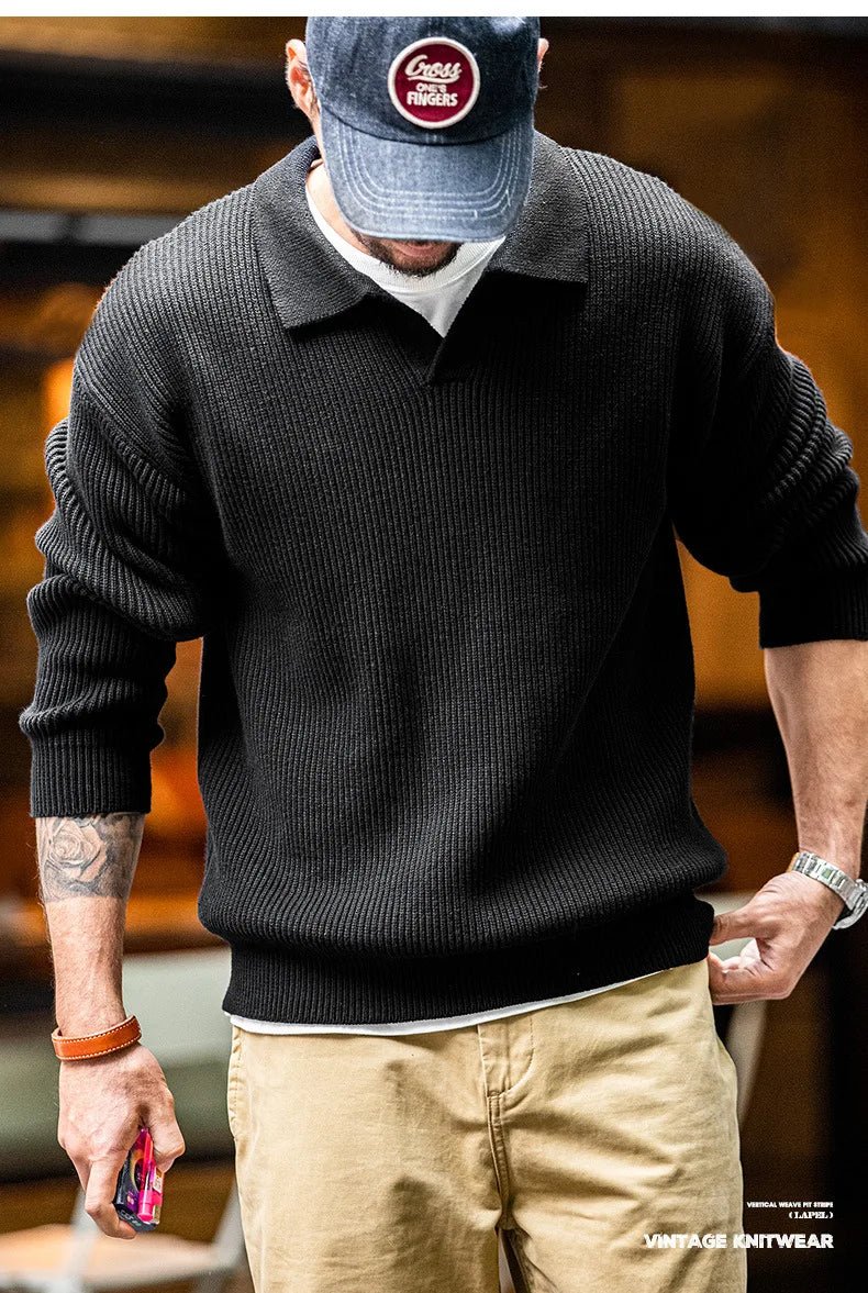 Madden workwear Maglione con risvolto retrò americano polo a righe intrecciate verticali maglione pullover pigro da uomo autunno e inverno - StepByStepNow