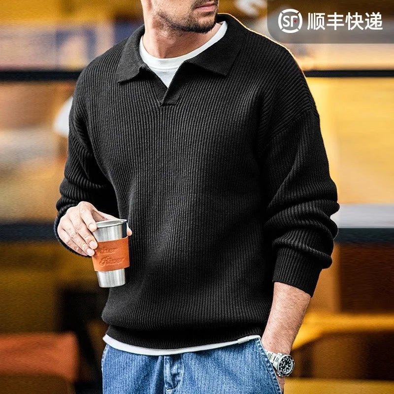 Madden workwear Maglione con risvolto retrò americano polo a righe intrecciate verticali maglione pullover pigro da uomo autunno e inverno - StepByStepNow