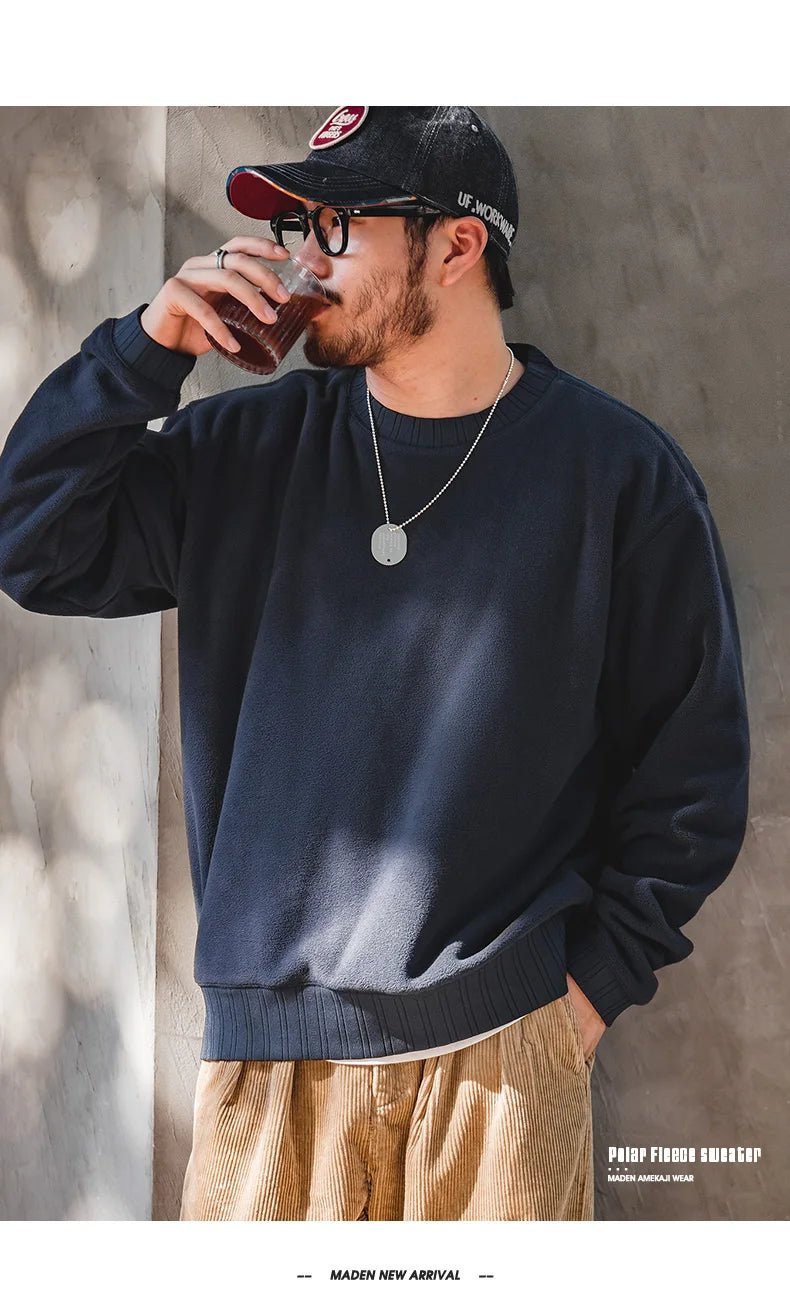 MADEN Felpa da uomo in pile polare Autunno Inverno Manica lunga Girocollo Pullover Camicia con fondo ispessito caldo Felpa nera - StepByStepNow