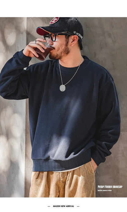 MADEN Felpa da uomo in pile polare Autunno Inverno Manica lunga Girocollo Pullover Camicia con fondo ispessito caldo Felpa nera - StepByStepNow