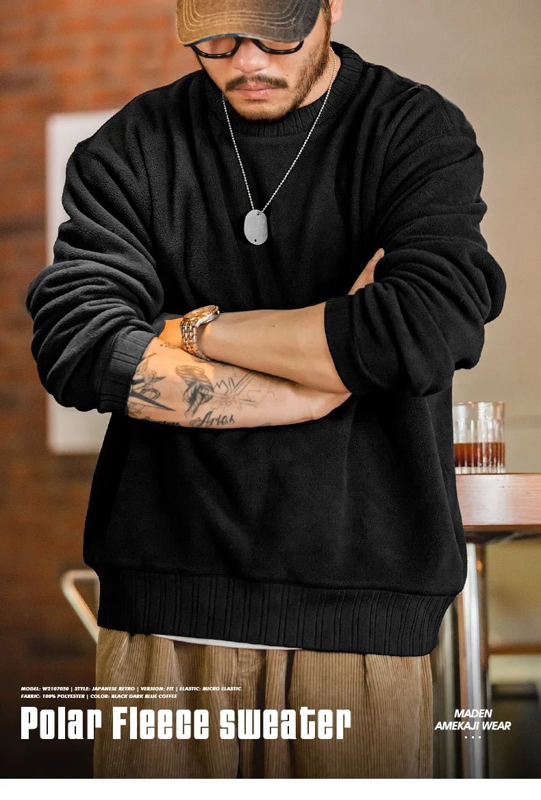 MADEN Felpa da uomo in pile polare Autunno Inverno Manica lunga Girocollo Pullover Camicia con fondo ispessito caldo Felpa nera - StepByStepNow