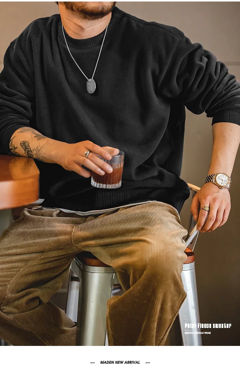 MADEN Felpa da uomo in pile polare Autunno Inverno Manica lunga Girocollo Pullover Camicia con fondo ispessito caldo Felpa nera - StepByStepNow