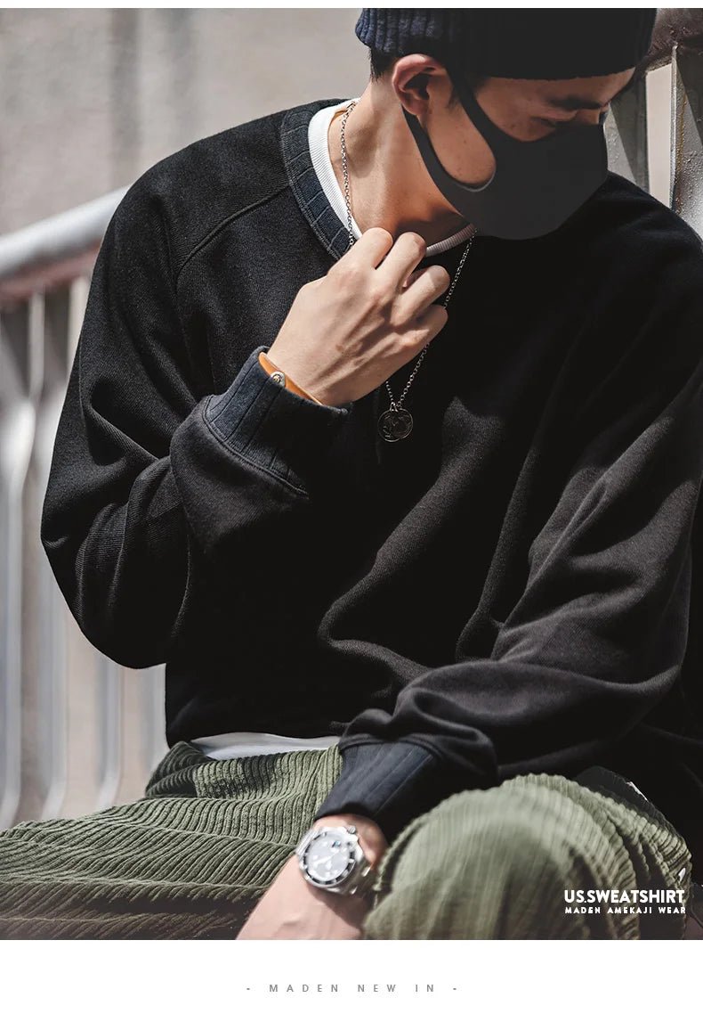 Maden felpa girocollo Vintage per uomo Pullover in cotone tinta unita felpa nera stile Basic maschile capispalla autunnale - StepByStepNow