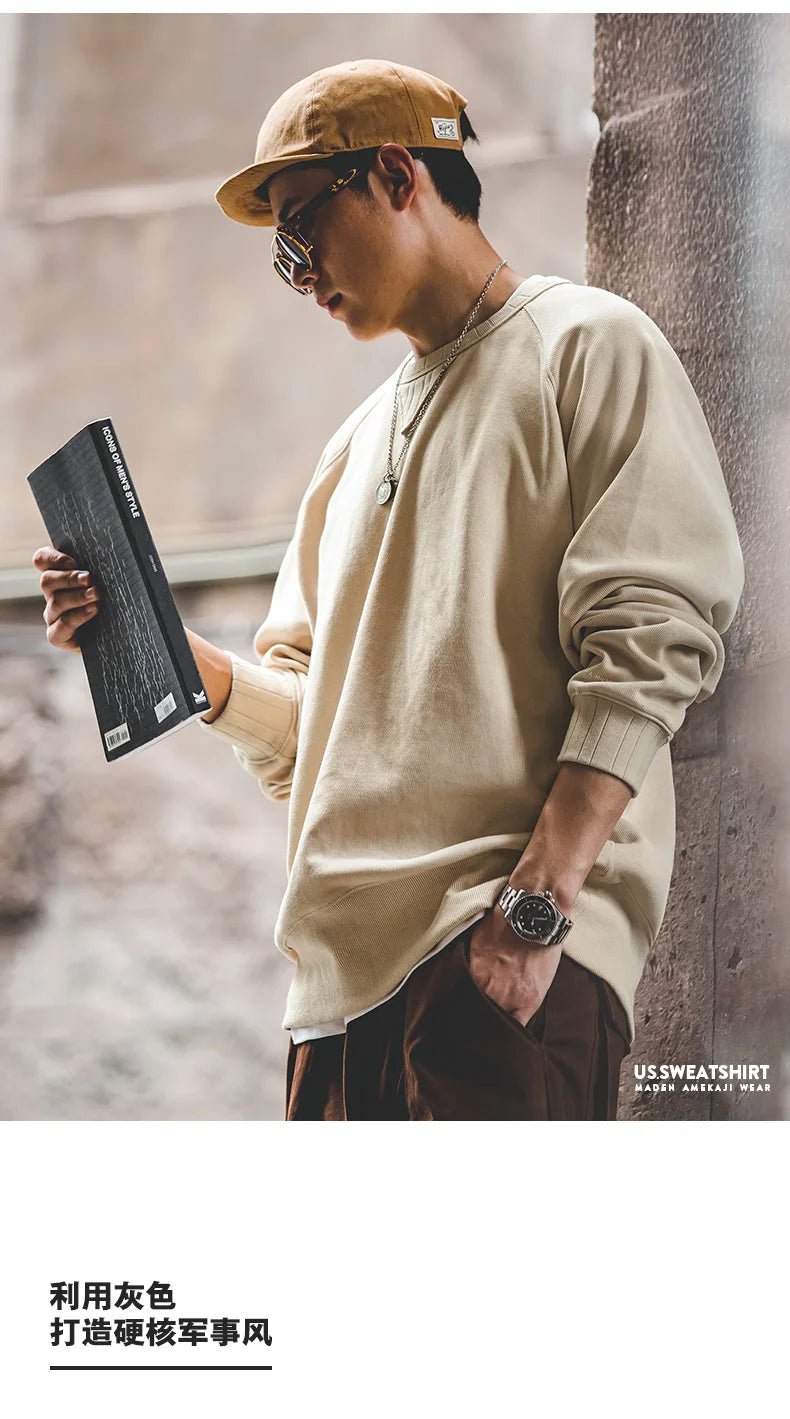 Maden felpa girocollo Vintage per uomo Pullover in cotone tinta unita felpa nera stile Basic maschile capispalla autunnale - StepByStepNow