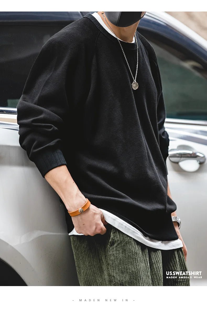 Maden felpa girocollo Vintage per uomo Pullover in cotone tinta unita felpa nera stile Basic maschile capispalla autunnale - StepByStepNow