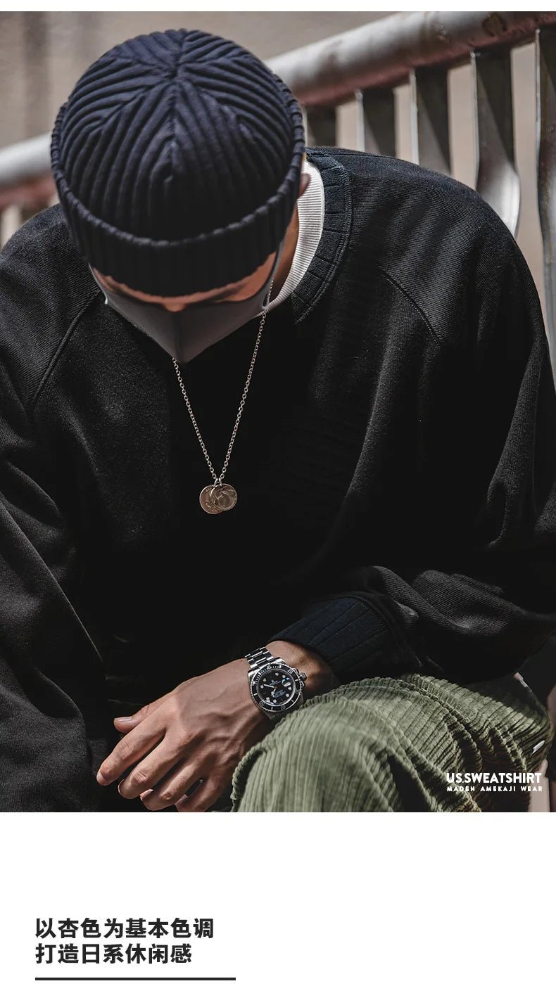 Maden felpa girocollo Vintage per uomo Pullover in cotone tinta unita felpa nera stile Basic maschile capispalla autunnale - StepByStepNow