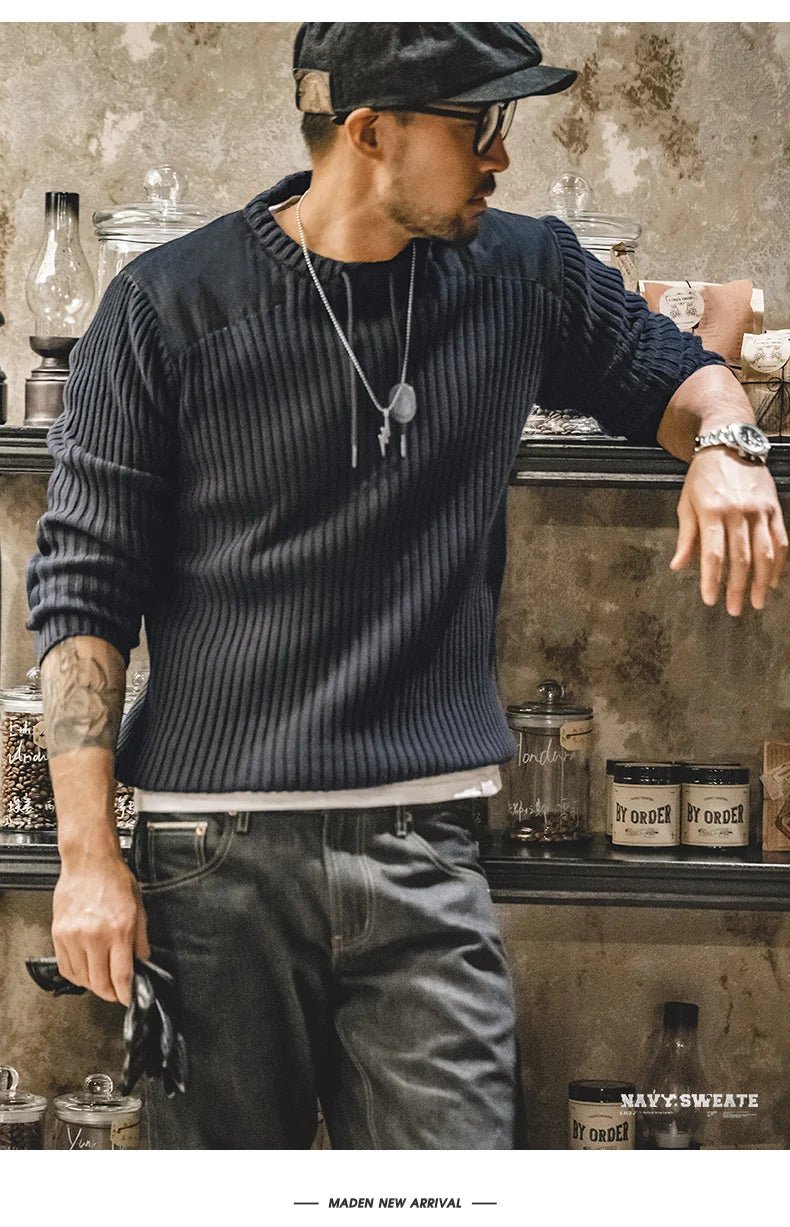 Maden Maglione a righe verticali O - Collo Slim Fit da uomo Pullover lavorato a maglia retrò Patch Cuciture Design Maglioni classici Abbigliamento uomo - StepByStepNow