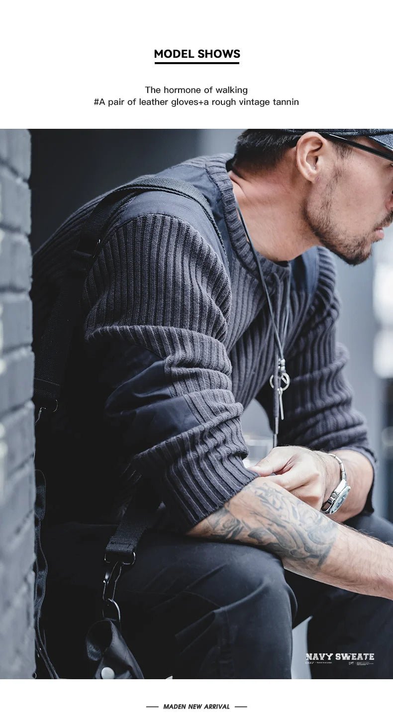 Maden Maglione a righe verticali O - Collo Slim Fit da uomo Pullover lavorato a maglia retrò Patch Cuciture Design Maglioni classici Abbigliamento uomo - StepByStepNow