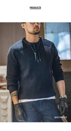 Maden Maglione a righe verticali O - Collo Slim Fit da uomo Pullover lavorato a maglia retrò Patch Cuciture Design Maglioni classici Abbigliamento uomo - StepByStepNow