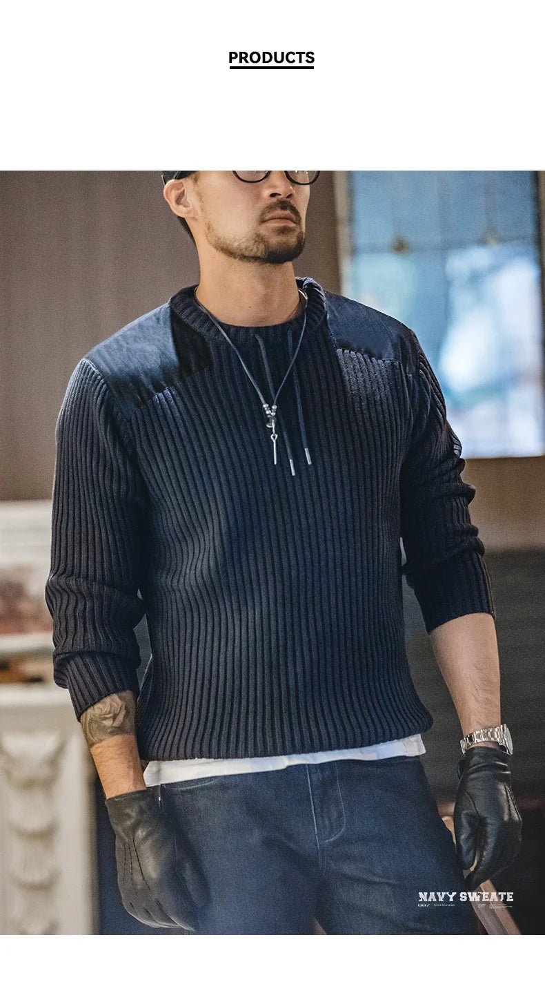 Maden Maglione a righe verticali O - Collo Slim Fit da uomo Pullover lavorato a maglia retrò Patch Cuciture Design Maglioni classici Abbigliamento uomo - StepByStepNow