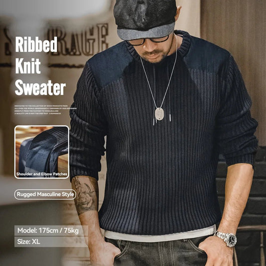 Maden Maglione a righe verticali O - Collo Slim Fit da uomo Pullover lavorato a maglia retrò Patch Cuciture Design Maglioni classici Abbigliamento uomo - StepByStepNow