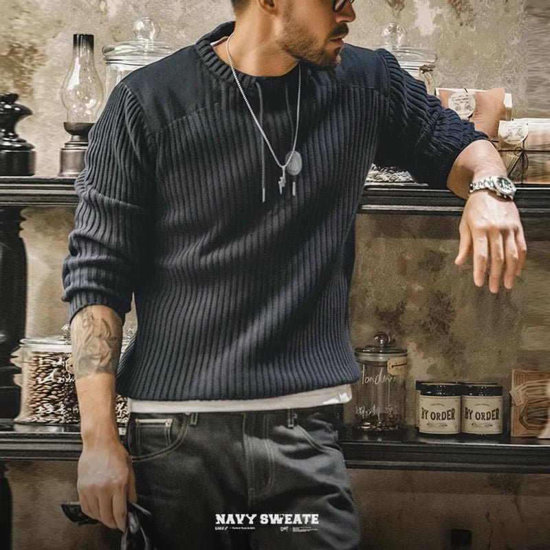 Maden Maglione a righe verticali O - Collo Slim Fit da uomo Pullover lavorato a maglia retrò Patch Cuciture Design Maglioni classici Abbigliamento uomo - StepByStepNow