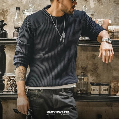 Maden Maglione a righe verticali O - Collo Slim Fit da uomo Pullover lavorato a maglia retrò Patch Cuciture Design Maglioni classici Abbigliamento uomo - StepByStepNow