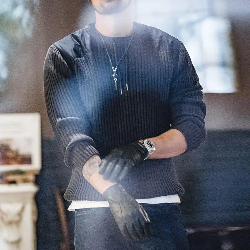 Maden Maglione a righe verticali O - Collo Slim Fit da uomo Pullover lavorato a maglia retrò Patch Cuciture Design Maglioni classici Abbigliamento uomo - StepByStepNow