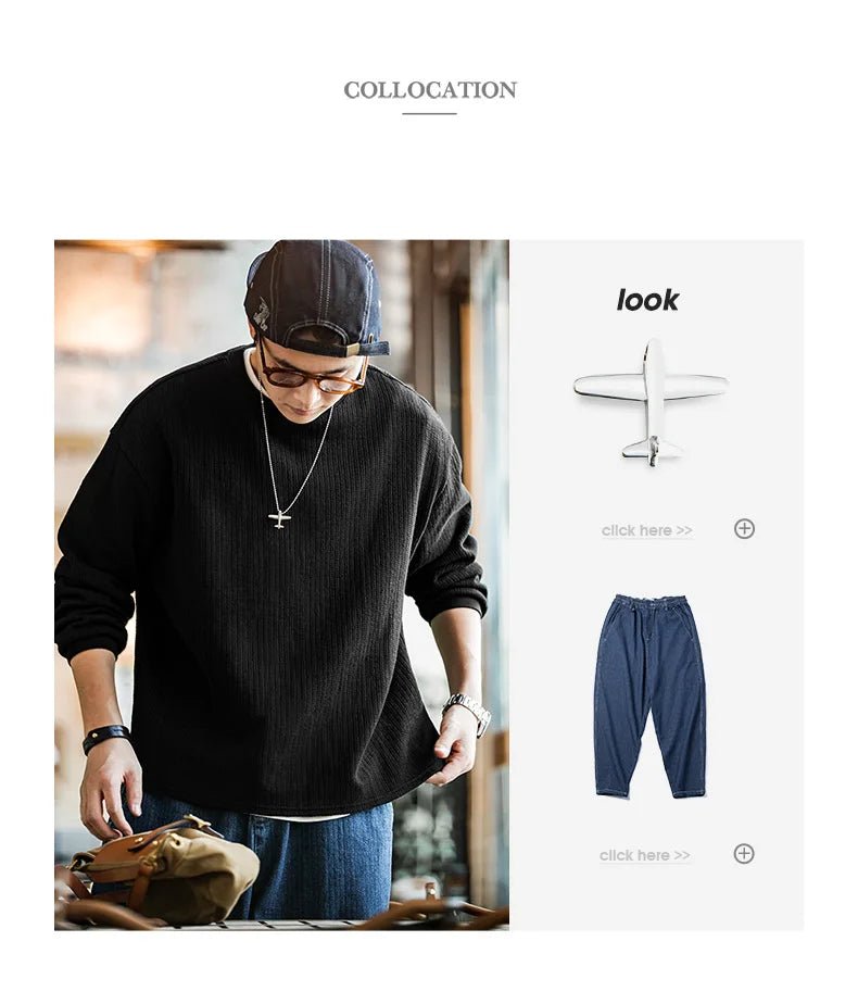 Maden Maglione girocollo nero da uomo Felpa con cappuccio lavorata a maglia ampia Autunno Casual Pullover con maniche a spalla cadente Colletto a coste elasticizzato - StepByStepNow