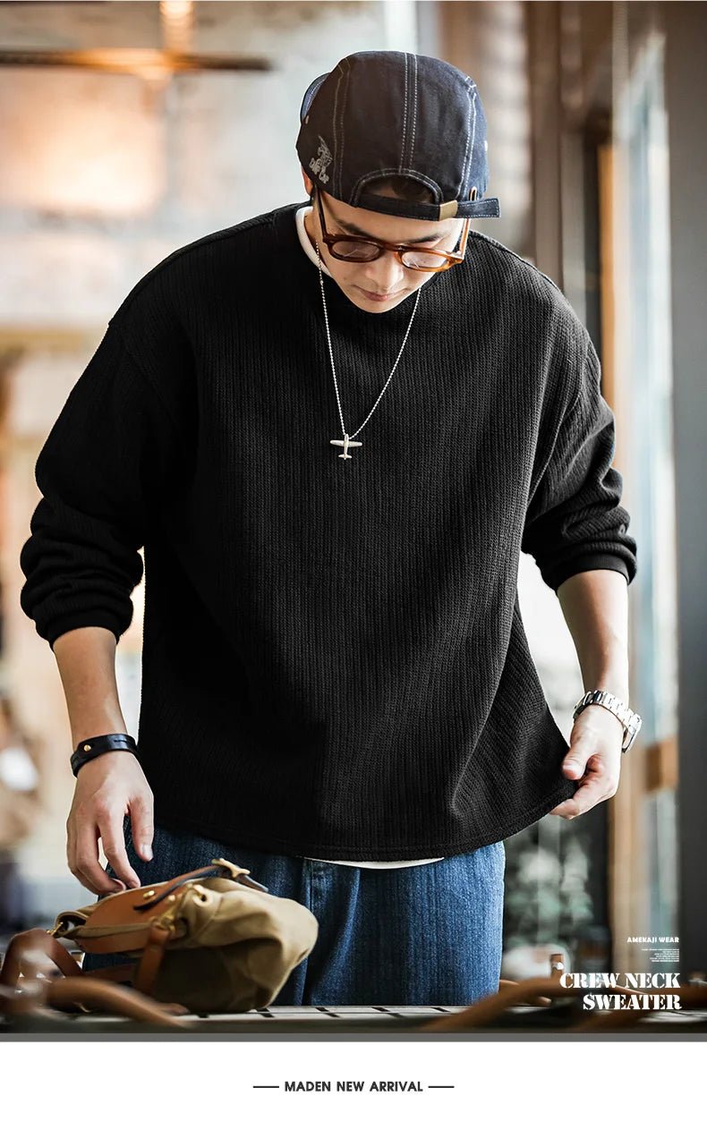 Maden Maglione girocollo nero da uomo Felpa con cappuccio lavorata a maglia ampia Autunno Casual Pullover con maniche a spalla cadente Colletto a coste elasticizzato - StepByStepNow