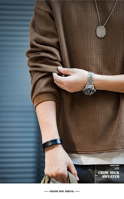 Maden Maglione girocollo nero da uomo Felpa con cappuccio lavorata a maglia ampia Autunno Casual Pullover con maniche a spalla cadente Colletto a coste elasticizzato - StepByStepNow