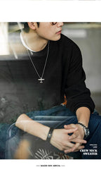 Maden Maglione girocollo nero da uomo Felpa con cappuccio lavorata a maglia ampia Autunno Casual Pullover con maniche a spalla cadente Colletto a coste elasticizzato - StepByStepNow