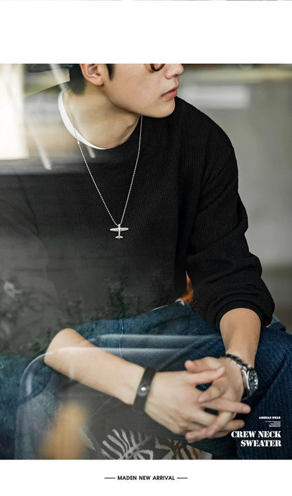 Maden Maglione girocollo nero da uomo Felpa con cappuccio lavorata a maglia ampia Autunno Casual Pullover con maniche a spalla cadente Colletto a coste elasticizzato - StepByStepNow