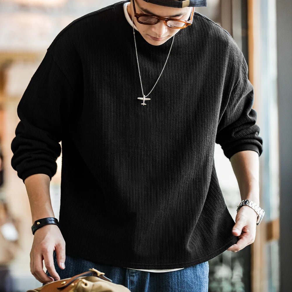 Maden Maglione girocollo nero da uomo Felpa con cappuccio lavorata a maglia ampia Autunno Casual Pullover con maniche a spalla cadente Colletto a coste elasticizzato - StepByStepNow