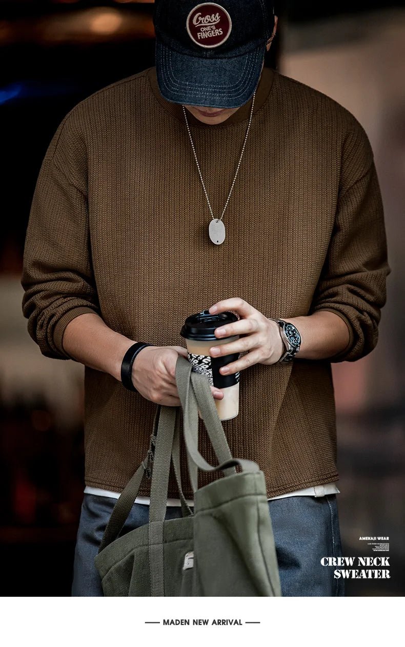 Maden Maglione girocollo nero da uomo Felpa con cappuccio lavorata a maglia ampia Autunno Casual Pullover con maniche a spalla cadente Colletto a coste elasticizzato - StepByStepNow